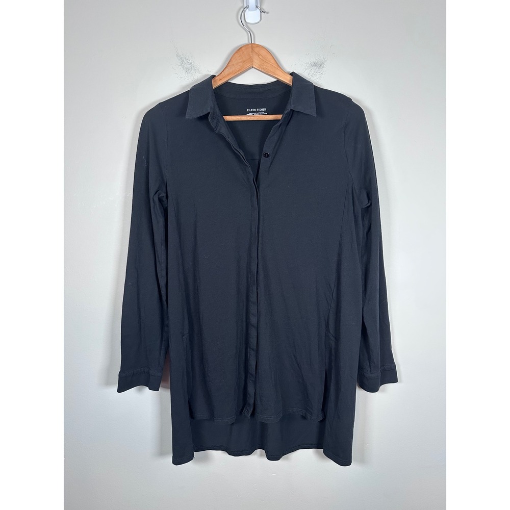 Eileen Fisher Button Down Tunic Women Small Black Minimalist Organic Cotton Top